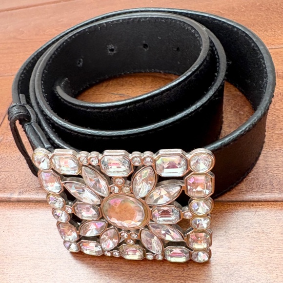 GUESS Vintage Y2K Black Leather Belt w/ Chunky Buckle Rhinestone Sz L Genuine - Picture 1 of 9